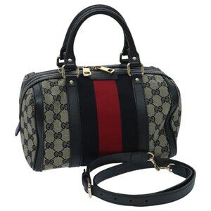 GUCCI GG Canvas Boston Bag 2way Beige Navy Silver
